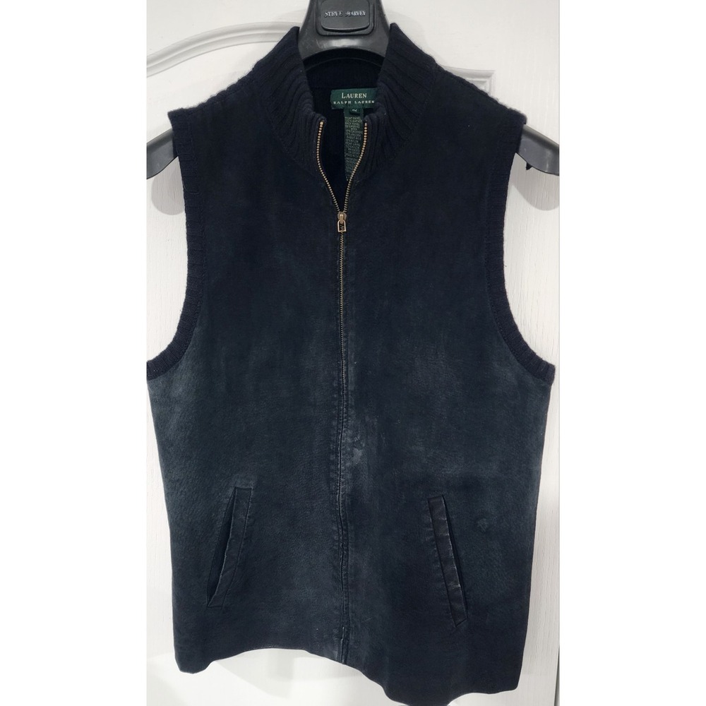 VTG Lauren Ralph Lauren Womans Black Suede Vest Wool Cashmere Blend Back Size 1X